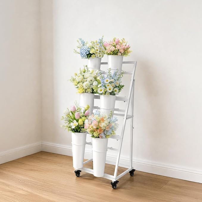 Flower Bar Stand with 6 Buckets, 3-Tier Metal Flower Display Stand on Wheels, Mobile Flower Cart for Indoor & Outdoor Garden, Flower Shop, Wedding, Party Decor(White)