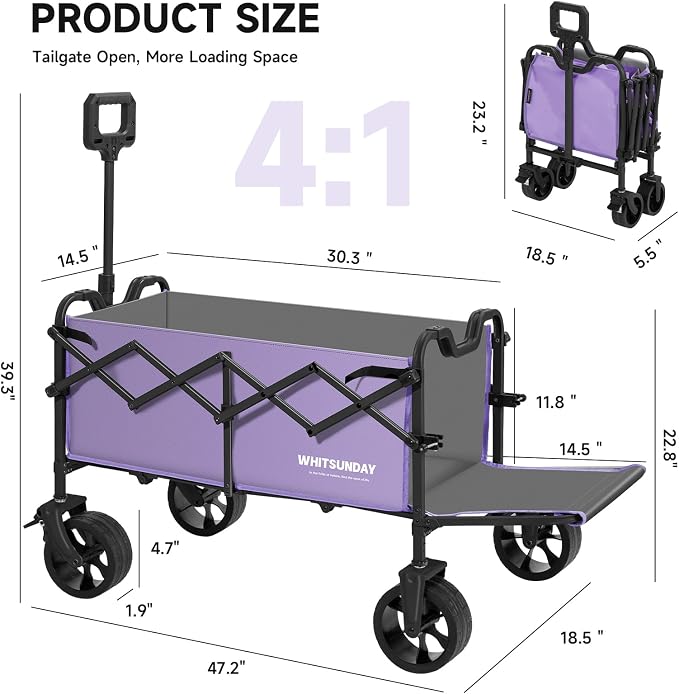 Collapsible Folding Wagon Cart, Heavy Duty Utility Wagons with Tailgate & Wheels,Portable Utility Cart for Camping,Garden,Beach,Sports Purple