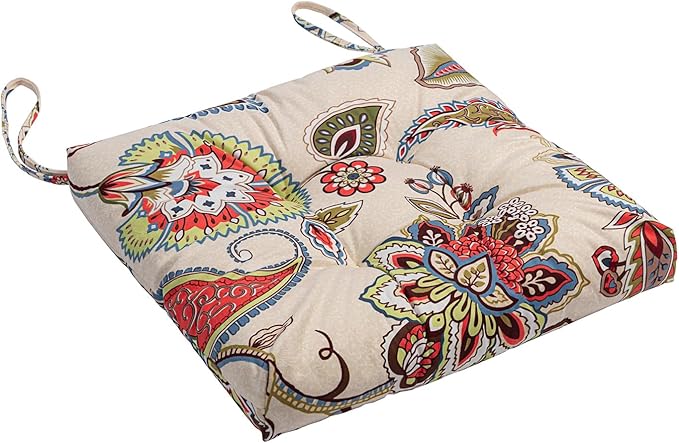 2-Pack Outdoor/Indoor Wicker Patio Seat Cushion Pad with Ties - Dining Chair Cushion, 17" x 17" (Khaki Floral)