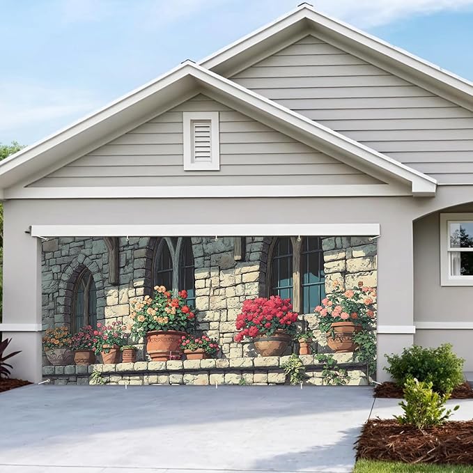 7 * 16FT Summer Garage Door Cover Decorations Sunset Palm Trees Garage Door Banner for Outdoor Indoor Summer Party Photography Backdrop (Flower pot-window, 7 * 16 ft)