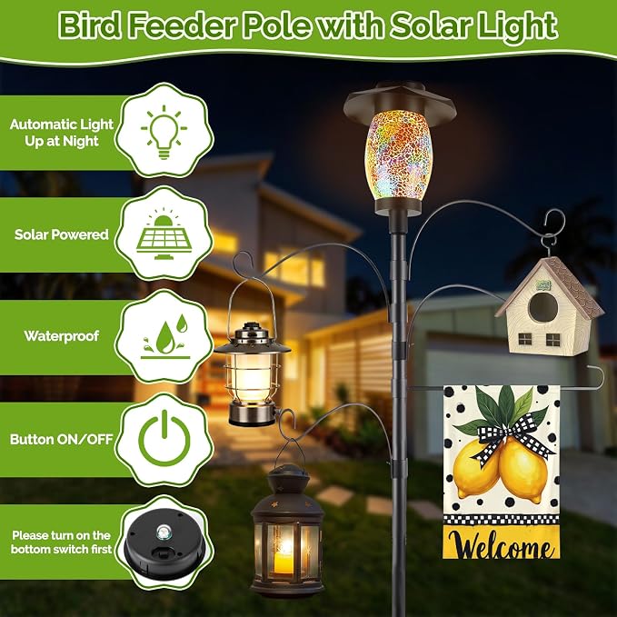 4-Hook Solar Shepherds Hooks for Outdoors,80In Bird Feeder Pole with 5 Prongs Base|Flag Holder|Solar Lights,Heavy Duty Garden Stand Hooks for Hanging Plant Baskets,Wind Chimes,Lanterns