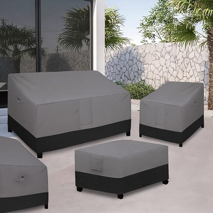 Easy-Going Patio Coffee Table Cover Small Outdoor Rectangular Table Cover, UV Resistant Waterproof Patio Furniture Ottoman Cover (48" Lx28 Wx16 H, Gray/Black)