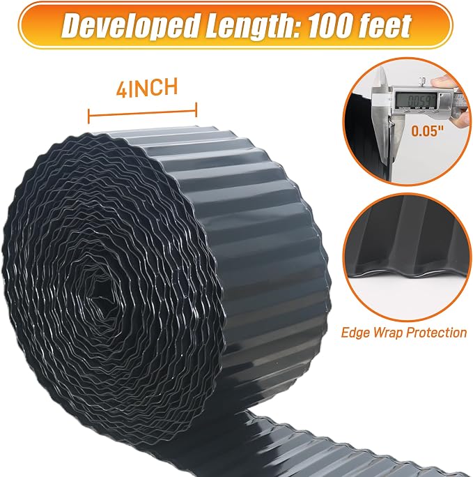 Quibbay Corrugated Metal Garden Edging, 4"×100Ft Landscape Edging Border for Lawn, Flower Bed and Garden, Flexible Lawn Edging for DIY Tree Surrounds Borders and Landscaping, Black