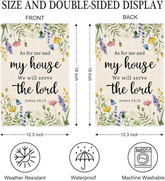 As For Me And My House We Will Serve The Lord Joshua 24:15 Garden Flag Double-Sided Yard Outdoor Decoration 12x18 Inch, Christian Flower Garden Garden Flag, Religious Faith Home Decor Banner
