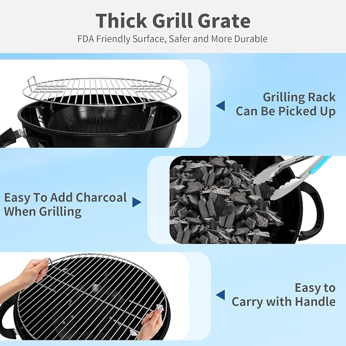 18.5-Inch Portable Charcoal Grill, Heavy Duty Kettle BBQ Smoker with Built-in Thermometer & Removable Water-Rinsable Ash Catcher for Outdoor Camping, Patio, Backyard, and Tailgating