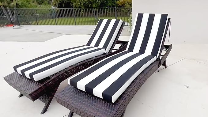Crestlive Outdoor Chaise Lounge Cushions, 3 Years Fade Resistant Water Resistant Lounge Chair Cushion, 72''L x 21''W, Set of 2, Black Cabana Stripe