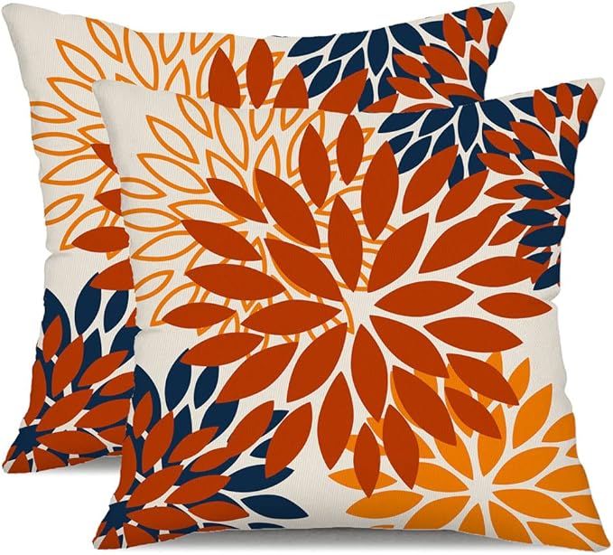 DFXSZ Orange Blue Flower Pillow Covers 20x20 Inch Set of 2 Fall Throw Pillows Outdoor Waterproof Decor for Living Room Sofa Patio Funiture Garden Floral Polyester Pillow Covers 012C20