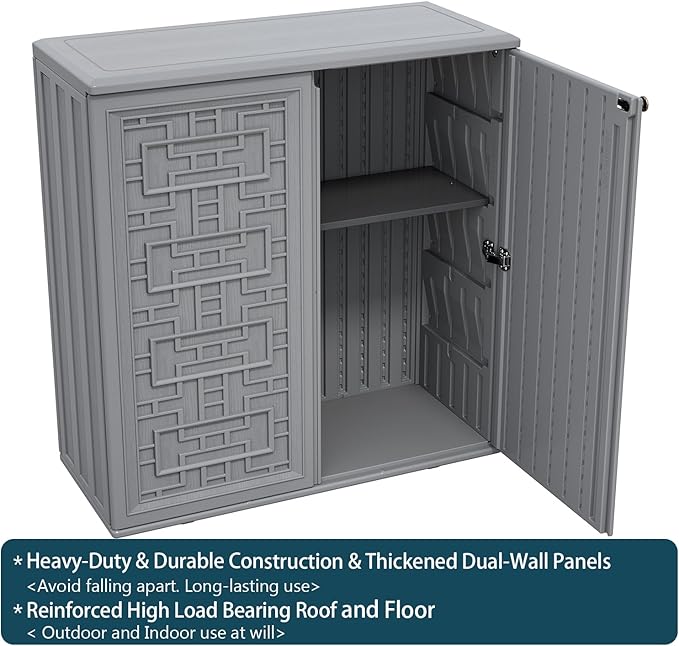 HOMSPARK Indoor/Outdoor Storage Cabinet with Doors and Shelf, 34”x15”x36” HDPE Plastic Storage Box Waterproof for Patio, Garden, Balcony, Multi-Purpose for Daily Tools, Grey