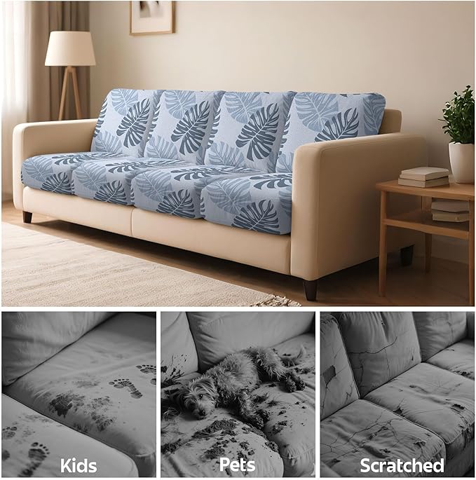 pickyNproud 8Pcs Patio Cushion Covers Stretch Outdoor Couch Cushions Slipcovers Replacement Washable Furniture Protector with Elastic Bottom Sofa Chair Seat Cover, Gray Leaves