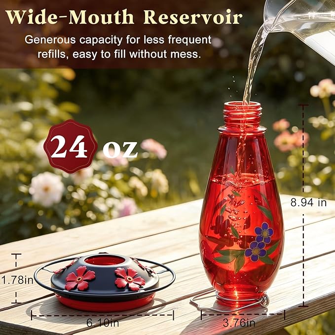 24 OZ Hummingbird Feeder for Outdoors Hanging, Heavy-Duty Thick Glass Humming Bird Feeder with Floral Decals, Leak-Resistant Metal Base with 5 Feeding Ports & Perch, Decorative Garden Deco(Red)