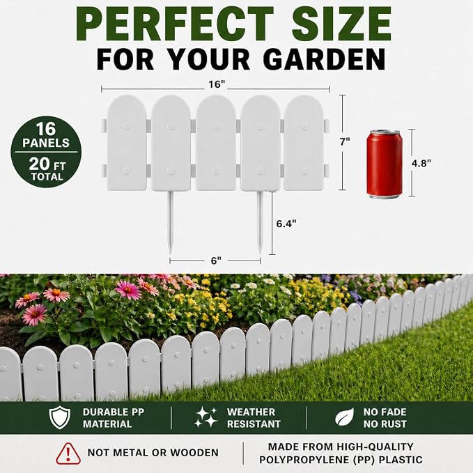 Evelyne Garden Border Plastic Edging: Wooden Fence Design - 16pcs Gray Yard Landscaping Fence Liner Lawn Edge Barrier - 20ft Kit of Decorative Lawn Panels Elements -Landscaping Edging-GMT-10374-E16