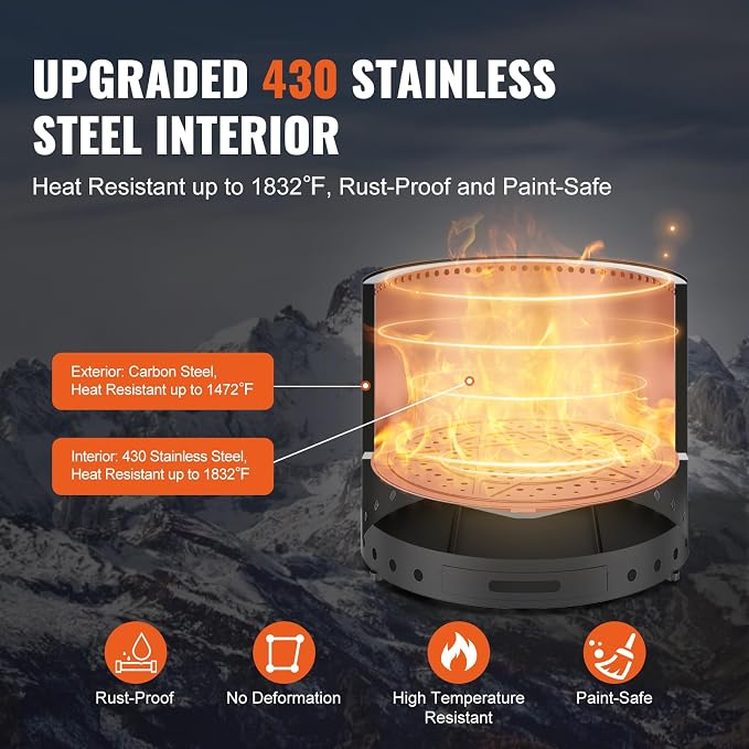 VEVOR Smokeless Fire Pit Stove Bonfire, H: 12.6 in x Dia: 15 in,Wood Burning Fireplaces with Removable Ash Pan, SUS430 Stainless Steel Inner Portable Outdoor Firepit, Ideal for Outdoor Patio Camping
