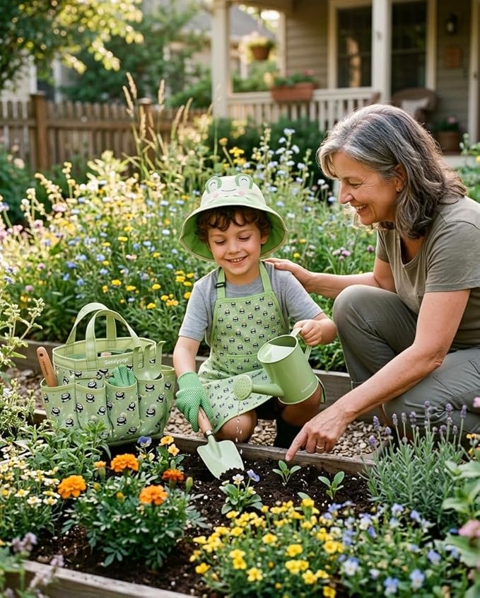 Handmade Kids Gardening Tools Set - 8Pc Artisan Garden Kit with Real Wood Handles, Metal Heads, Frog Hat, Panda Apron & Tote - Nature Learning Gift for Toddlers & Kids (Sage Green)