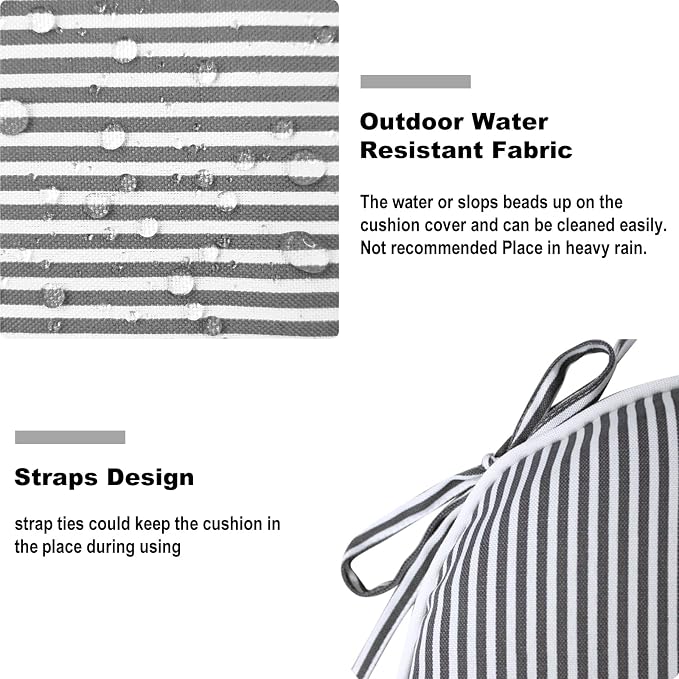 DYTXIII Set of 2 Outdoor Chair Cushions with Ties,Water Repellent Patio Chair Pads 17"x 16" for Outdoor Furniture,Round Corner Seat Cushions for Garden Yard Kitchen Stripe Gray