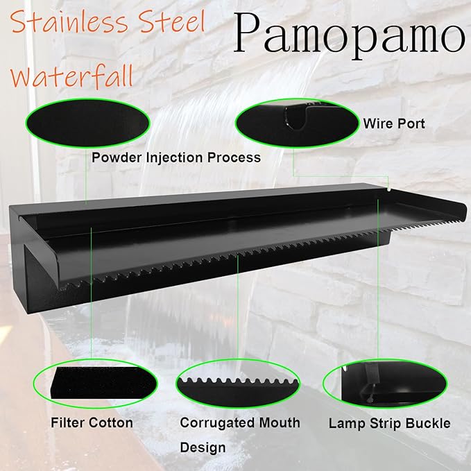 Pamopamo Pond Waterfall Spillway Pool Fountain Water Feature, Black Stainless Steel Outdoor Fountains, Swimming Pool Water Flow Waterfalls Kit for Garden Patio Ponds-23.6"x7.8"x3.9"(NO Light)
