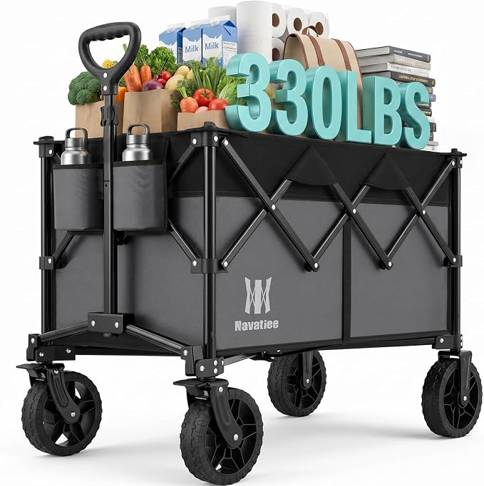 Navatiee 165L Collapsible Folding Wagon, Large Foldable Wagon with Silent All-Terrain Wheels, 330Lbs Heavy Duty Utility Grocery Cart for Camping Shopping Outdoor, Gray