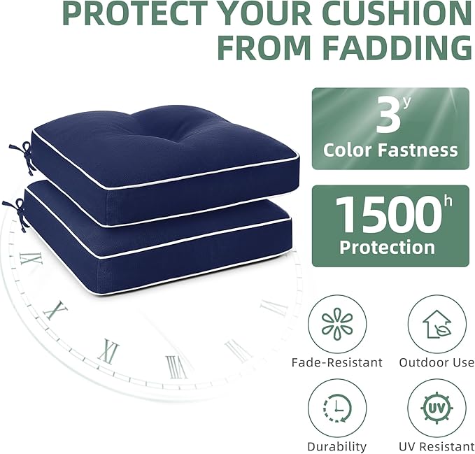 Favoyard Patio Chair Cushions 19 × 19 Inch Water Resistant & 3-Year Color Fastness Outdoor Chairs Cushion for Seat Dining Rocking Wicker Chair Cushion with Tie Straps Tufted Square Pads, Blue, 2 Pack