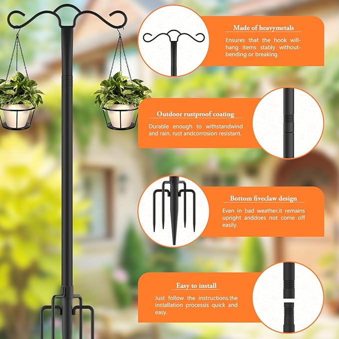 SINLEY 2 Pack 90 inch Double Shepherds Hook for Outdoor with 5 Prong Base Heavy Duty Two Sided Bird Feeder Pole for Hanging Lantern,Hummingbird Feeder,Lightweight Plant,Shepherds Hook