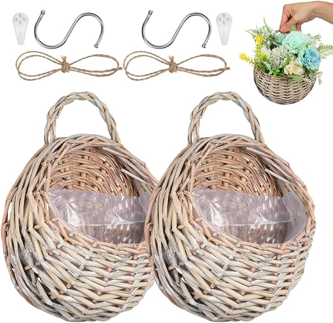 DOITOOL Wall Hanging Flower Basket, 2PCS Handmade Wicker Hanging Willow Wall Basket, Rattan Chlorophytum Comosum Holder for Boho Decor, Front Door, Home, Garden, Flowers, Mail, Fruit