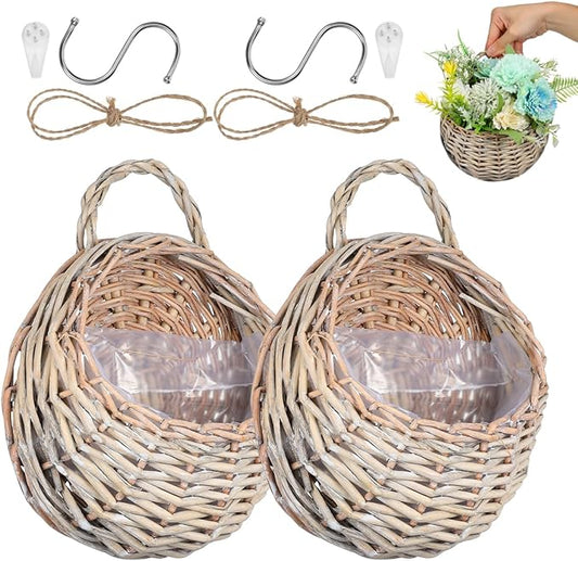 DOITOOL Wall Hanging Flower Basket, 2PCS Handmade Wicker Hanging Willow Wall Basket, Rattan Chlorophytum Comosum Holder for Boho Decor, Front Door, Home, Garden, Flowers, Mail, Fruit