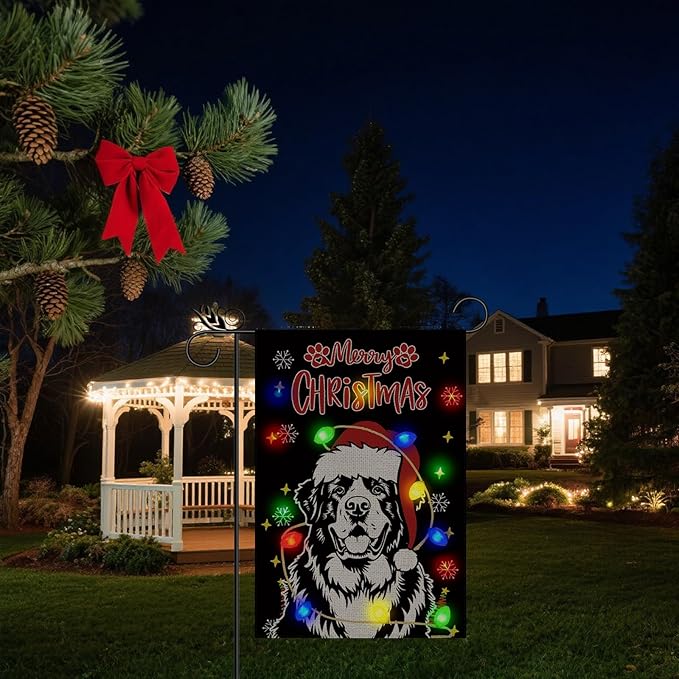 Christmas Dog Garden Flag - Led Saint Bernard Christmas Decor for Outside, Welcome Garden Flags Double-Sided Flag for Seasonal Winter Farmhouse Yard Lawn Decoration Gifts 12x18 inches