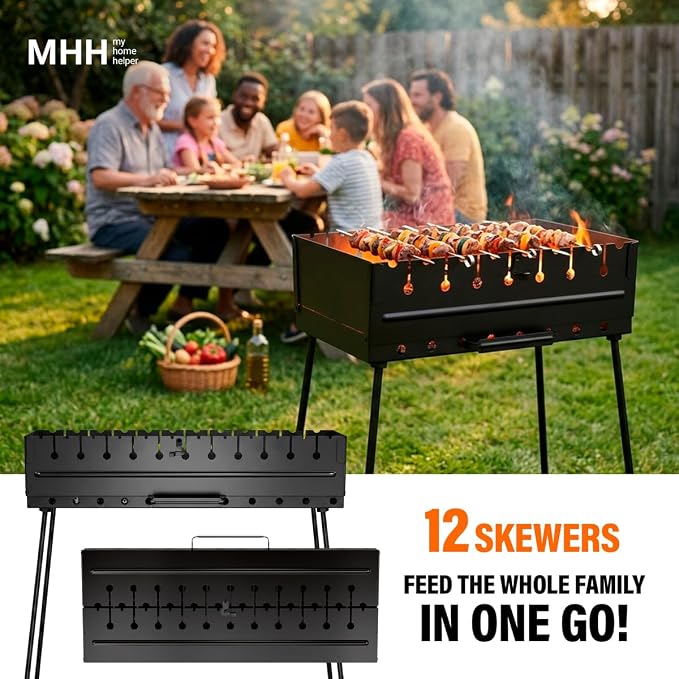 Charcoal Grill for 12 Skewers - Portable BBQ Mangal - Foldable Metal Grill for Shashlik, Kebab, Picnic, Outdoor Cooking (Skewers Not Included)