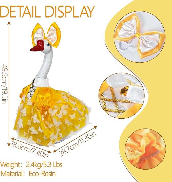 Porch Goose Statue with Yellow Princess Outfits- 19.5" Garden Resin Goose Decorative Figurine Cute Sculpture for Outdoor Patio Lawn Yard Balcony Decor Housewarming Birthday Gift for Women Mom
