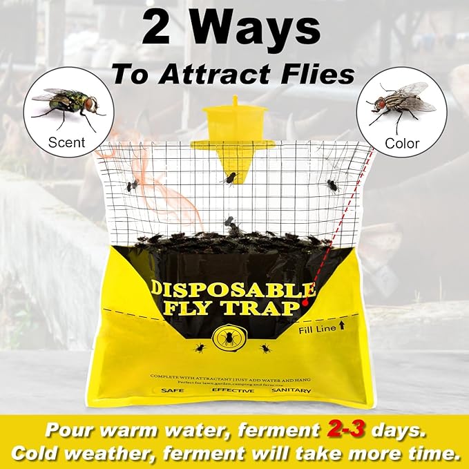 Glovv Fly Traps Outdoor Hanging with Bait, 6 Pack Disposable Flies Bags Hunter Ranch Trap, Control Bug Catcher Killer Repellent for Stable Horse Barn & Farm