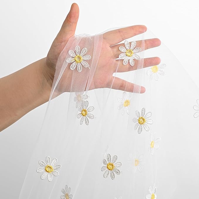Horaldaily White Embroidery Daisy Spring Summer Gauze Tablecloth 60×104 Inch Rectangular, Seasonal Tulle Table Cover, Garden Party Decorations for Wedding, Party, Holiday Dining