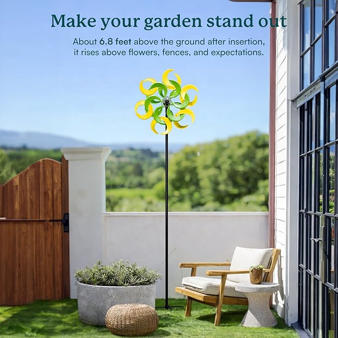 87" Wind Spinner Outdoor with Solar Light, Large Metal Wind Sculptures Spinners, Windmill for Garden Yard Patio Lawn Decor-Verdant Moon (23" W x 87" H)