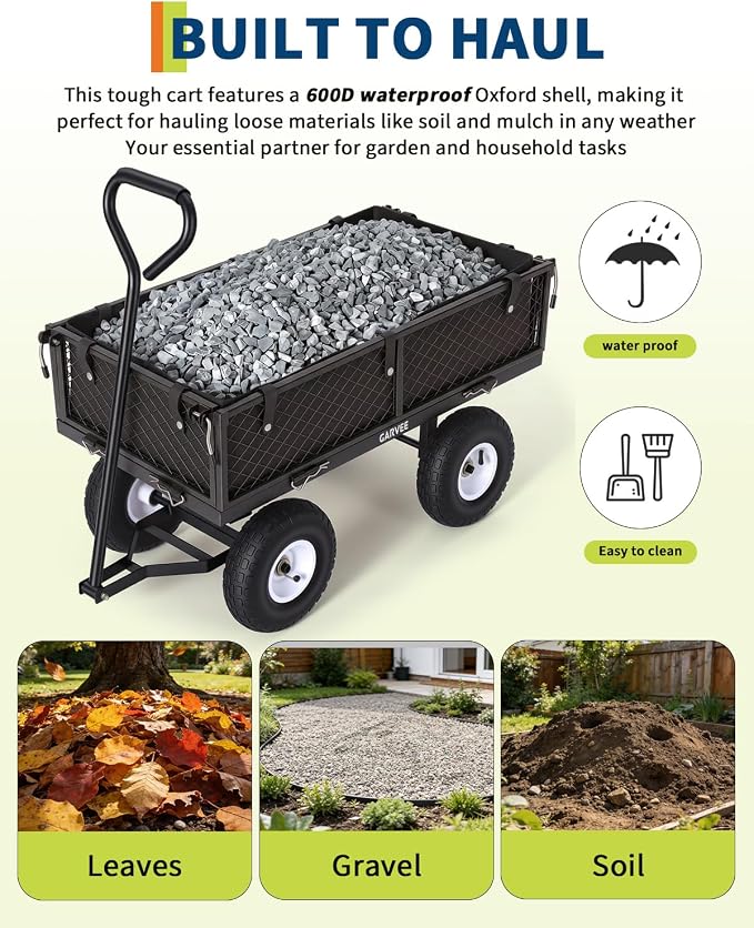 Garvee Versatile Outdoor Utility Cart-400LBS Heavy-Duty, 10" All-Terrain Pneumatic Tires, Easy Maneuverable Lawn Cart with Removable Mesh Panels for Gardening&Landscaping, Black, with Waterproof Liner