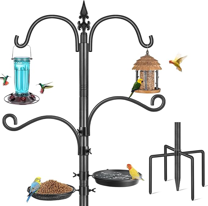 Bird Feeder Pole, 88 Inch Bird Feeding Station 4 Hook Heavy Duty Hummingbird Feeder Stand Hanger Shepherds Hook for Outdoors, with Birds Bath and Mesh Tray