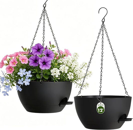12 Inch Self Watering Hanging Planters, 2 Pack Plastic Plant Pots | Sturdy lightweight pot with side watering lip, drainage holes, snap-on detachable tray & hanging chain for easy care