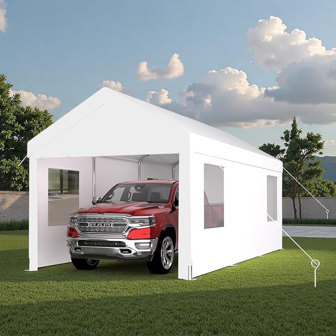 10x20FT Canopy, Outdoor Portable Garage with 2 Roll-Up Doors & 4 Ventilated Windows, Patio Camping Heavy Duty Car Port Canopy with PE Cover, Ground Pegs & Steel Cables, Easy Assembly, White