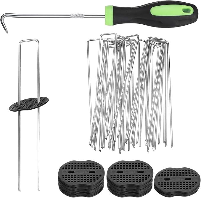 uxcell 25Pcs Garden Stakes, 10 Inch 11 Gauge Galvanized Landscape Staples U-Type Turf Stake Sod Pin Plant Stakes with Gasket&Hook for Landscaping Securing Weed Barrier Fabric, Silver