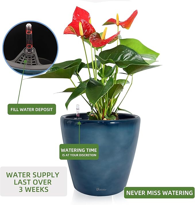 Dexceder 13x12 Self Watering Planter with Wheels (Grayish Green Gradient) | Inner Pot Design, Thickened Large Floor Standing Flower Plant Pot with Water Level Indicator Indoor Outdoor