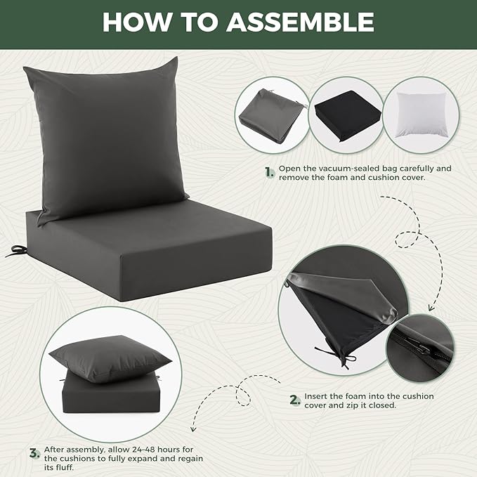 Outdoor Cushions for Patio Furniture, Outdoor Seat Cushion Set 24 x 24 x 5.75 Inch, Waterproof & Fade Resistant Outdoor Chair Cushions, Deep Patio Chair Cushion with Removable Cover, Dark Grey