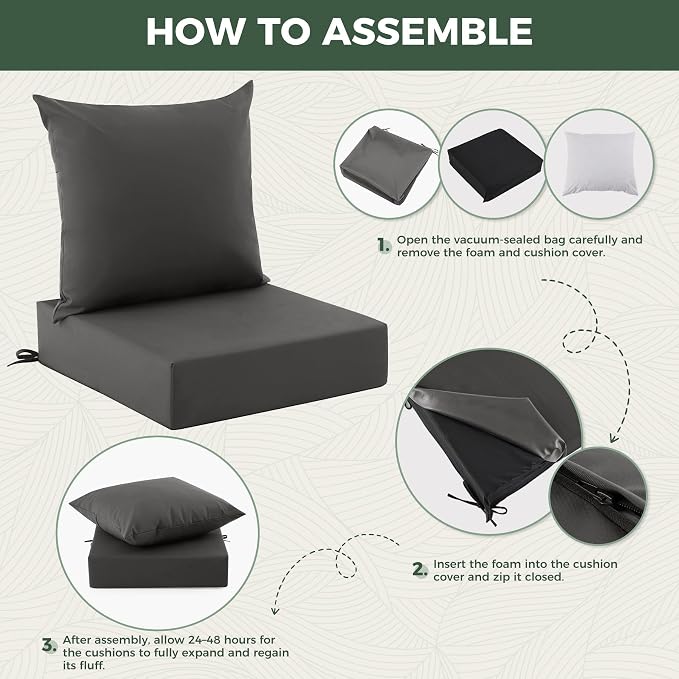 Outdoor Cushions for Patio Furniture, Outdoor Seat Cushion Set 24 x 24 x 5.75 in, Waterproof & Fade Resistant Outdoor Chair Cushions, Patio Cushion with Removable Cover, Set of 4, Dark Grey