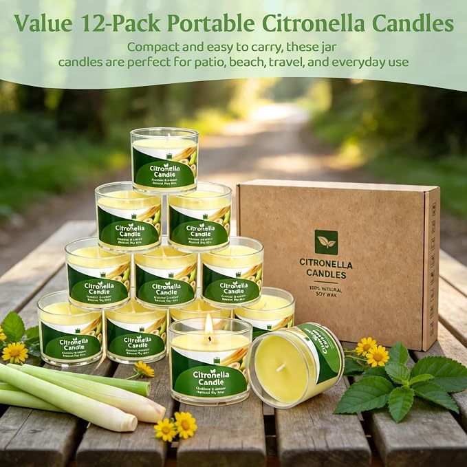 Citronella Candles Outdoor, 12 Pack Citronella Candles, 180 Hours Long Lasting Burn Time, Natural Soy Wax, Indoor & Outdoor Candle for Patio, Camping, Garden, Yard, Balcony, Summer Party, Home