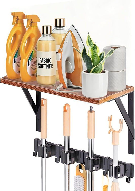 Broom Holder Wall Mount with Organizer Shelf, Space-Saving Broom and Mop Organizer Wall Hanging with 4 Broom Slots 5 Removable Hooks, Laundry Room Shelves for Laundry Room, Garage, Garden, Closet