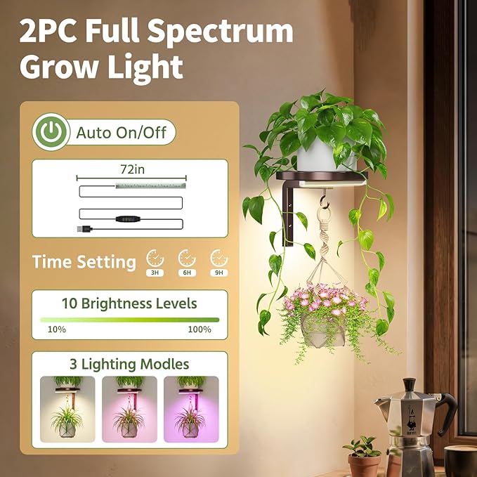 LASZOLA Plant Hangers Shelves Wall Mounted Indoor with Grow Lights, Metal Window Plant Holders, 2Pcs Modern Floating Flower Display Stand with 2 Hooks for Outdoor Kitchen Bathroom Decor, Bronze