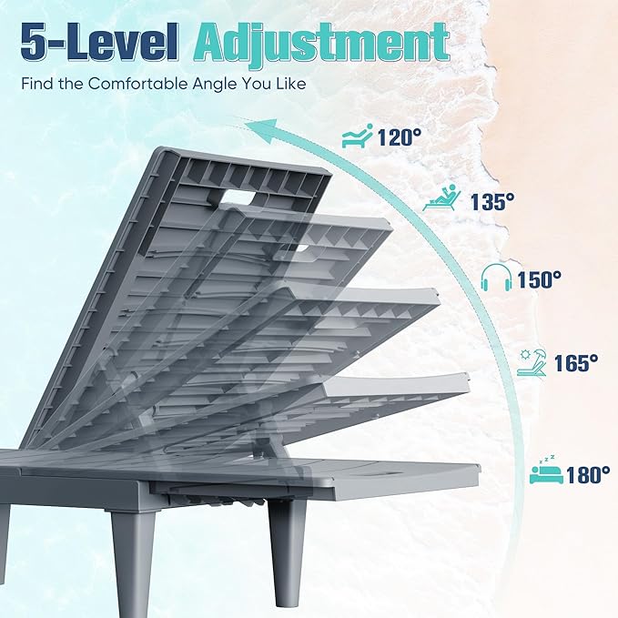 Devoko Outdoor Chaise Lounge Chair Set of 2 with 5-Position Adjustable Back, Waterproof & Lightweight PP Lounge Chairs for Outside Pool Patio (Light Grey)