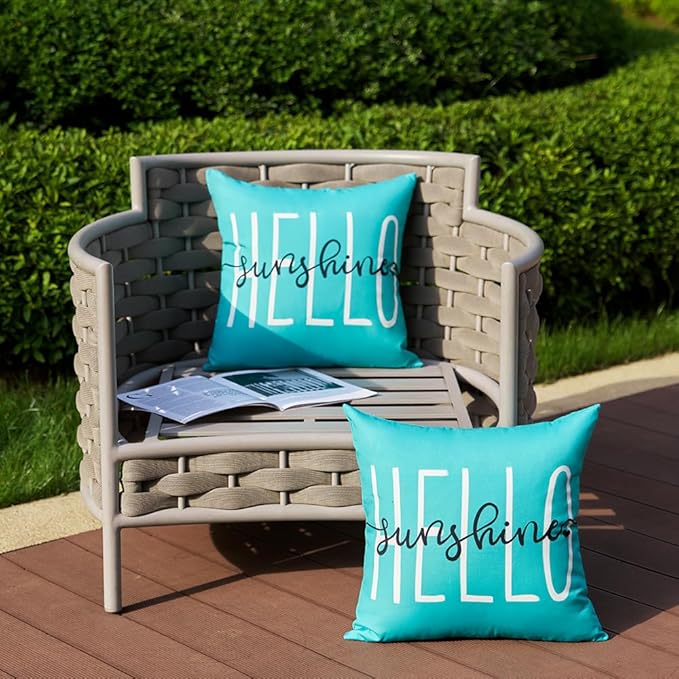 DFXSZ Outdoor Pillow Covers 20x20 Inch Set of 2 Hello Sunshine Decor Blue Green Waterproof Throw Pillow Covers Summer Outdoor Waterproof Pillow covers Decor for Patio Funiture Garden Sofa Couch 020D20