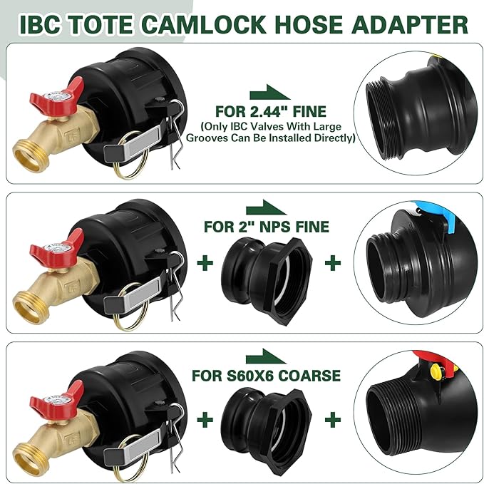 IBC Tote Adapter, 2" Cam Lock for 275-330 Gallon IBC Tote Tank with 2packs Groove Fittings, IBC Tote to Garden Hose Adapter with Brass Hose Faucet (1/2'' Red Handle Brass Valve)