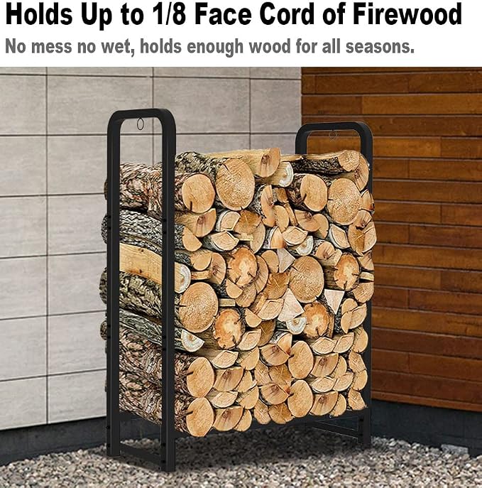 Firewood Rack Stand 2ft Heavy Duty Logs Holder for Outdoor Indoor Fireplace Metal Wood Pile Storage Stacker Organizer, Matte Black