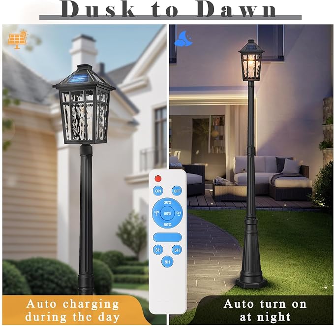 Outdoor Solar Lamp Post Light Dusk to Dawn Waterproof Solar Pole Lights with Water Ripple Glass 80.7 Inch Height Aluminum Black Street Light with Remote Control and LED Bulb