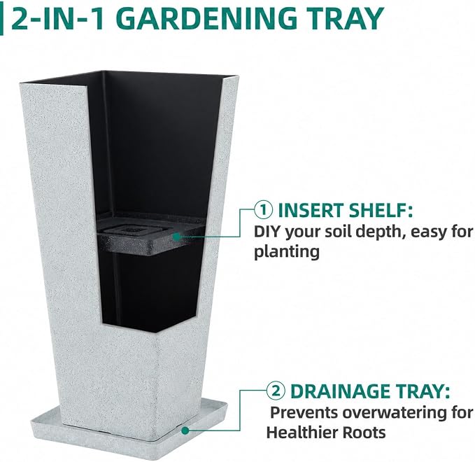 28" Tall Planters for Indoor Outdoor Plants, Set of 2 Large Tapered Flower Pots, Modern Plant Containers for Patio, Garden, Porch, Balcony or Home Decor, White Terrazzo, Durable & UV-Resistant