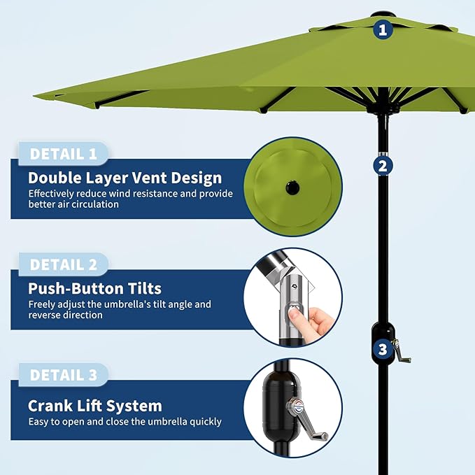Garvee 9 ft Outdoor Patio Umbrella 8 Sturdy Ribs Outdoor Table Umbrella with Crank Lift & Push Button Tilt - UV Protection Waterproof Market Umbrellas for Pool, Deck, Yard, Garden, Grass Green