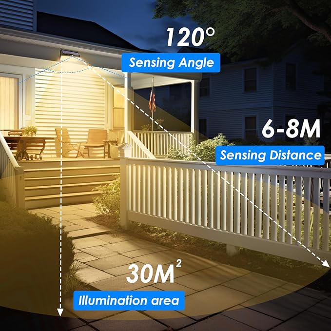 2 Pack 368 LED Solar Motion Sensor Lights Outdoor, Solar Fence Lights with 3 Lighting Modes, Solar Powered Security Lights Waterproof for Outside Yard Wall Garden Backyard Step, Warm White