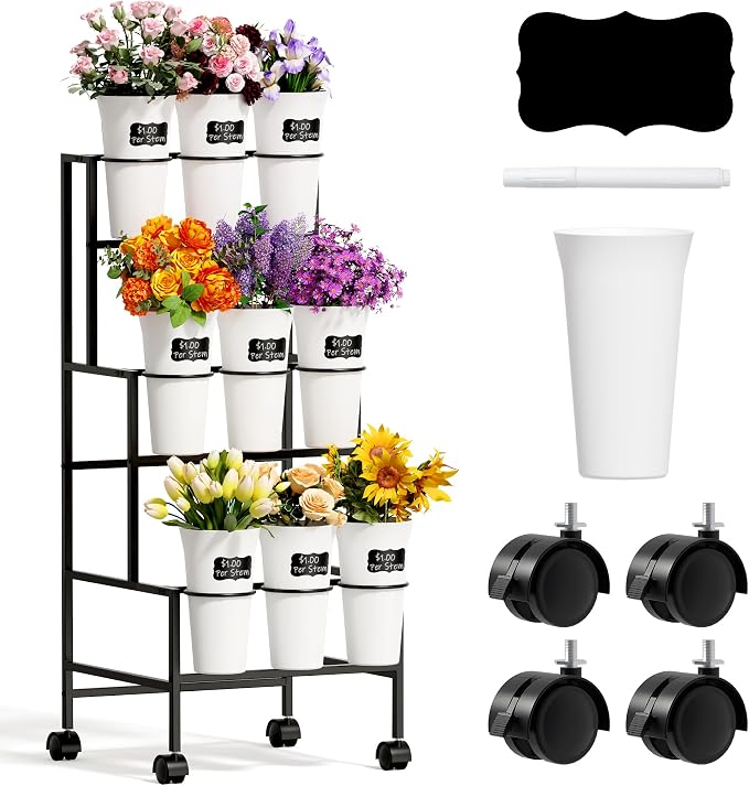 Flower Display Stand with 9 Buckets，3 Tier Metal Flower Cart Display Stand with Wheels, Flower Bar Stand for Garden Flower Shop Indoor Outdoor Wedding Party Decor